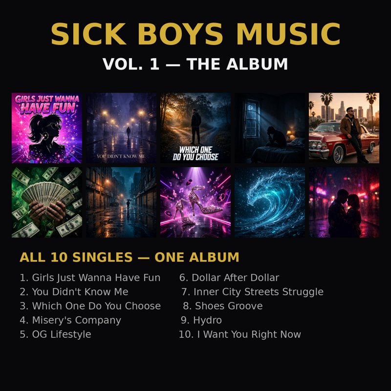 Sick Boys Music Vol. 1 album cover — all 10 singles